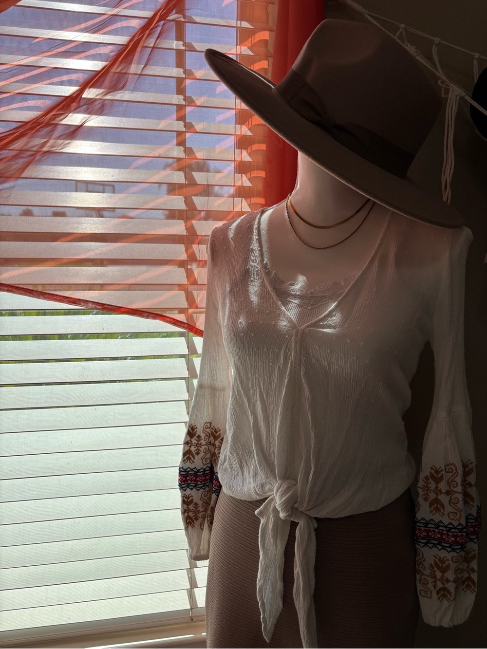 lovestitch White Tie-Front Boho Blouse with Embroidered Sleeves
